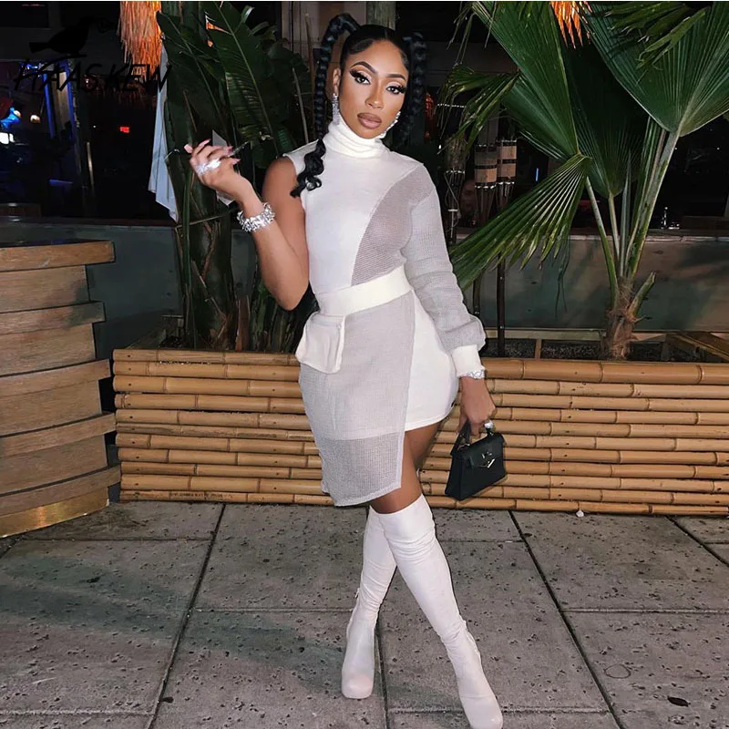 

HAASKEW Single Sleeve Fake 2-Piece Party Dresses Women High Collar Pocket Mesh See Through Bodycon Sexy Clubwear Mini Dress