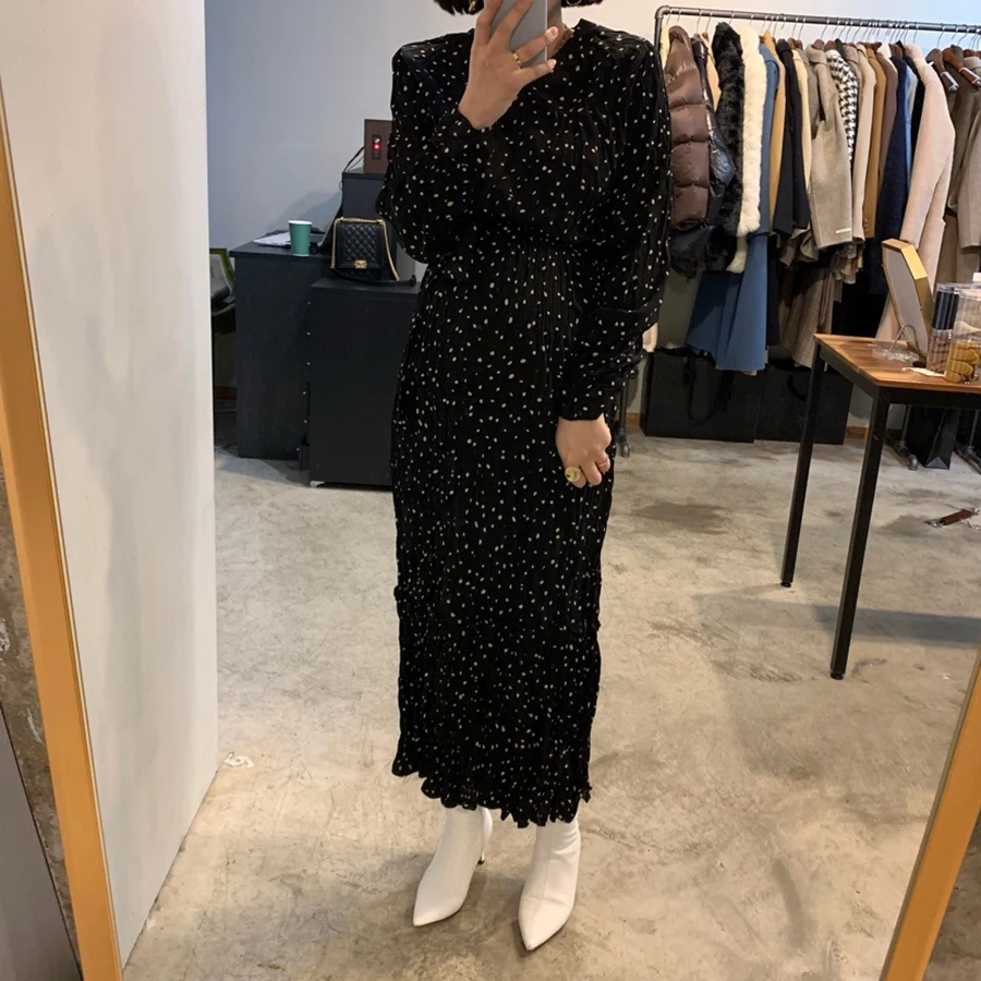 

Women Spring Polka Dot Round Collar High Waist Long Dress Long Sleeve Ruffle Hem Lacing Dresses Slim Fit French Style