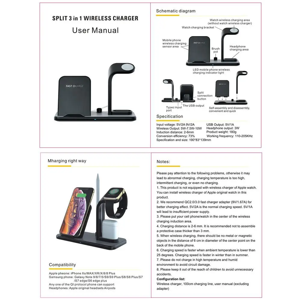 Беспроводная зарядная станция 3 в 1 для IPhone X/XS/MAX/XR/8 Plus IWatch 4/2/1 Подставка зарядки M2 |