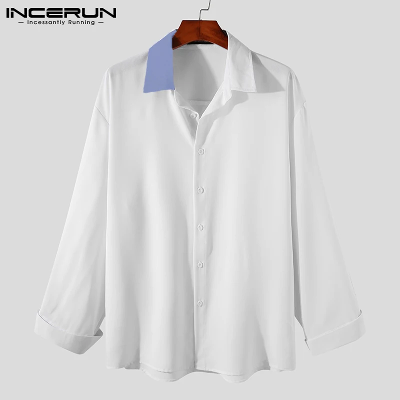 

Рубашка INCERUN мужская с отложным воротником, модная повседневная Уличная одежда в стиле пэчворк, с длинным рукавом, на пуговицах, 2021