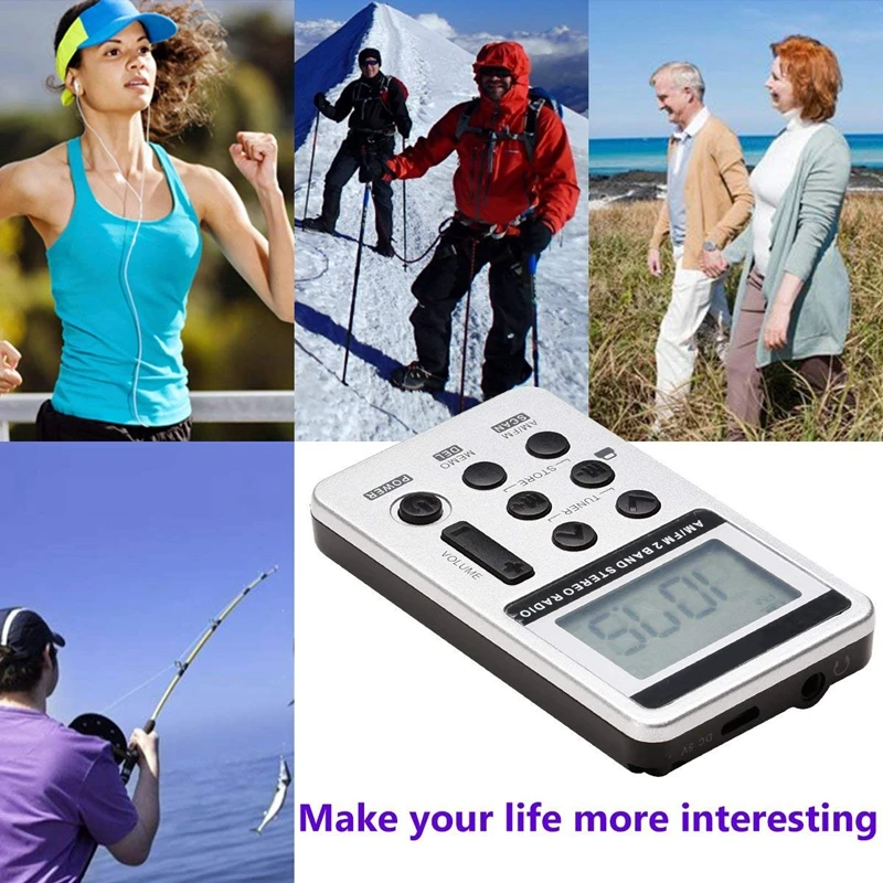 AM FM Portable Pocket Radio Mini Digital Tuning Stereo with Rechargeable Battery and Earphone for Walk/Jogging/Gym/Camping (Sil |