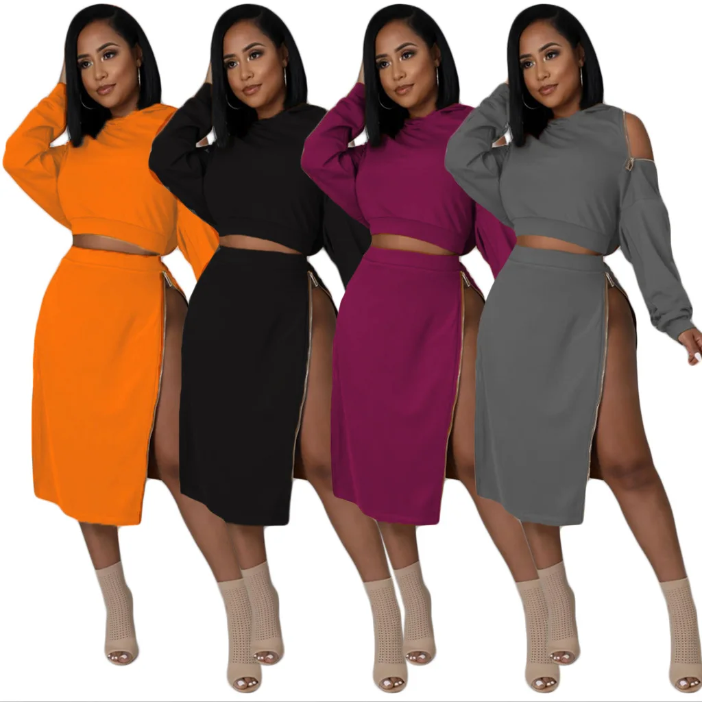 

Women's Skirt 2 Piece Sets Autumn Fashion hooded Zipper Off Shoulder Long Sleeve Tops and High Slit Midi Skirts Suits Casual