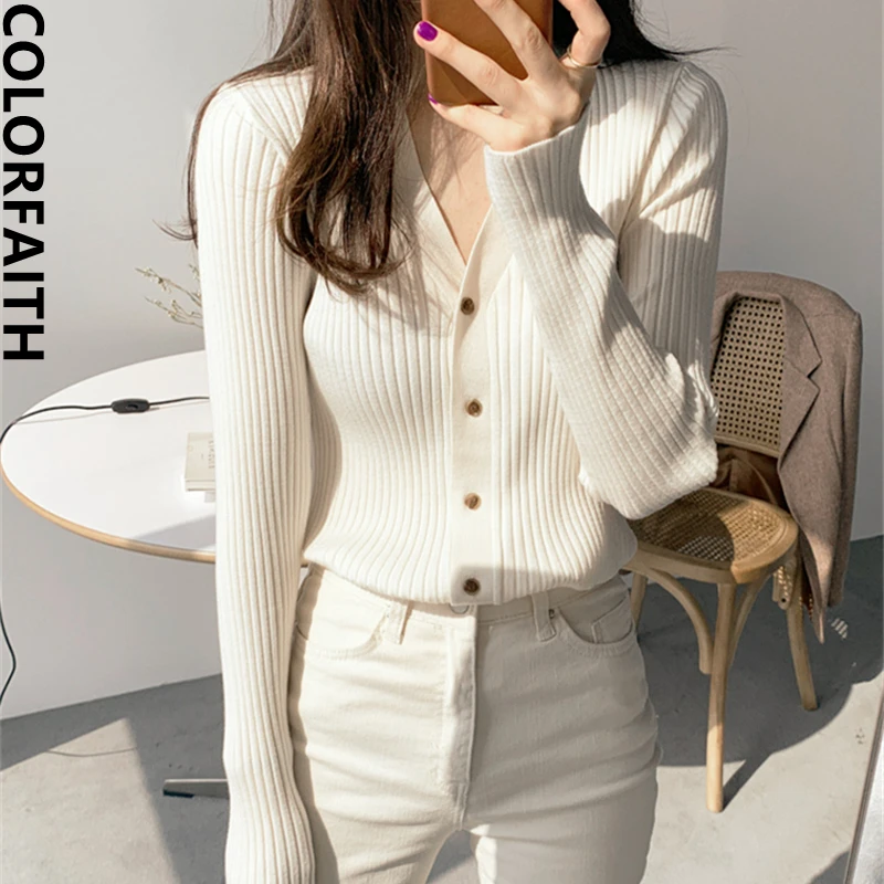 

Colorfaith New 2022 Korean Style Chic Elegant Lady Fashionable Elasticity Spring Autumn Women's Sweater Cardigans Tops SWC1885