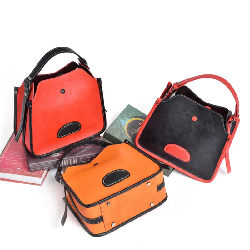 

New Women's Bag Genuine Leather European Handbags Female Shoulder Bag Ladies Bag Cross Body in Buckets Solid Color Cute Girl Bag