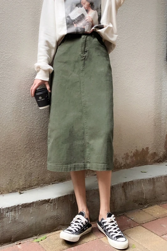 

Denim skirt female 2021 new Korean style high waist slimming mid-length A-line short skirt female half-length skirt