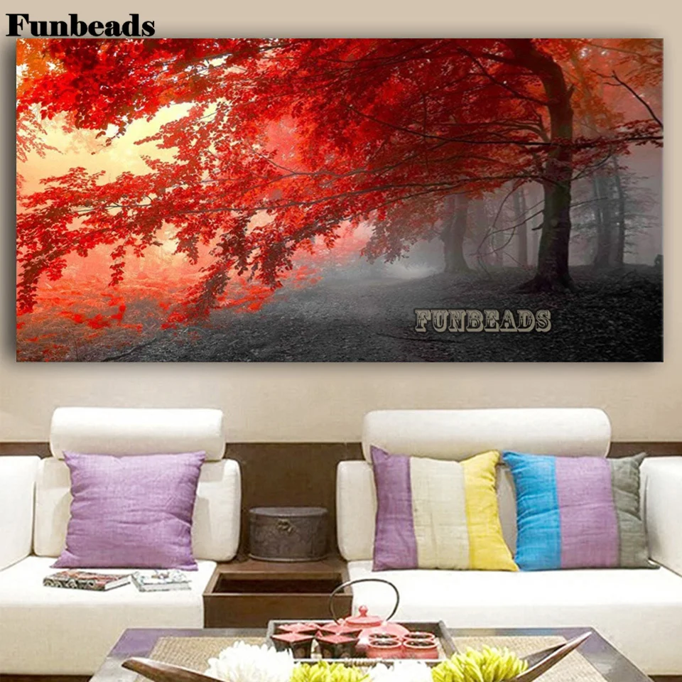 Большая алмазная живопись Красные Деревья морской пейзаж пляжные пески вышивка