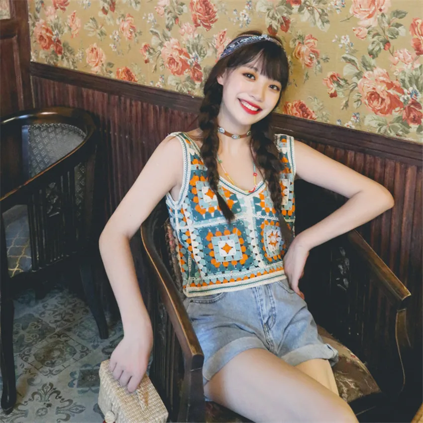 

Bohemian Boho Retro Vintage Tank Tops Women Sleeveless Crochet Vest Waistcoat Knit Holiday Beach Wear Chaleco Mujer