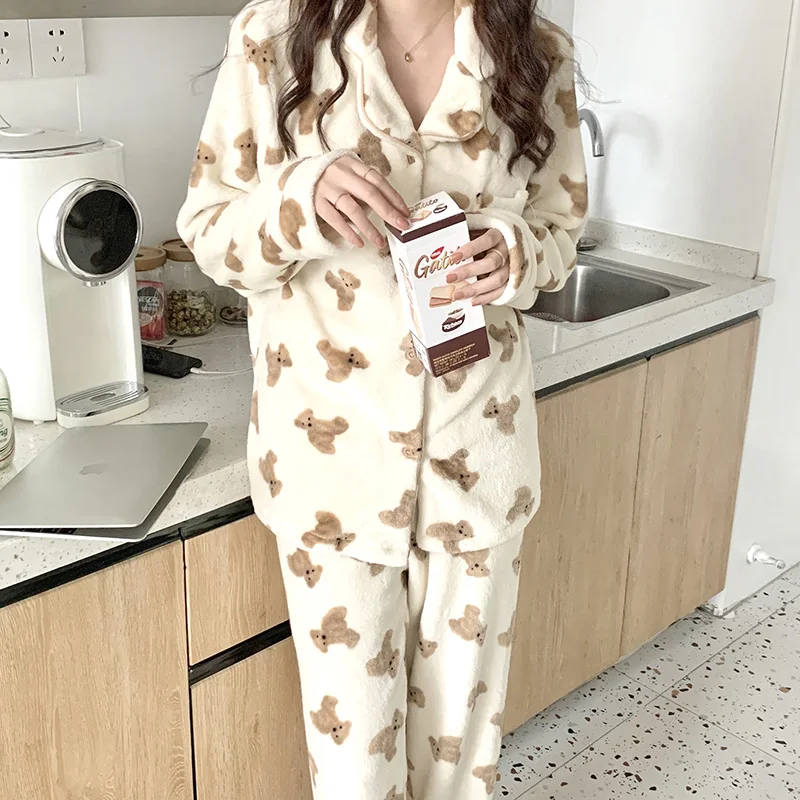 Couple Lovers Kawaii Bear Autumn Winter Pajamas Set Women Single Breasted Shirts + Trouser Set Two Piece Home Suit Sleepwear
