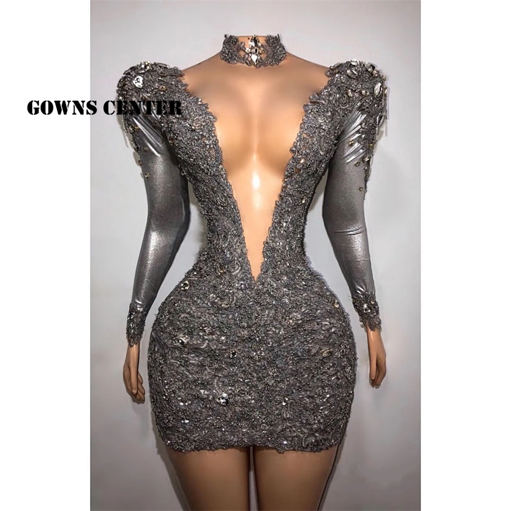

Sexy Prom Dresses Long Sleeve Celebrity Party Dress Mermaid Mini Cocktail Gown Beaded Homecoming Gowns Sparkly V Neck платье