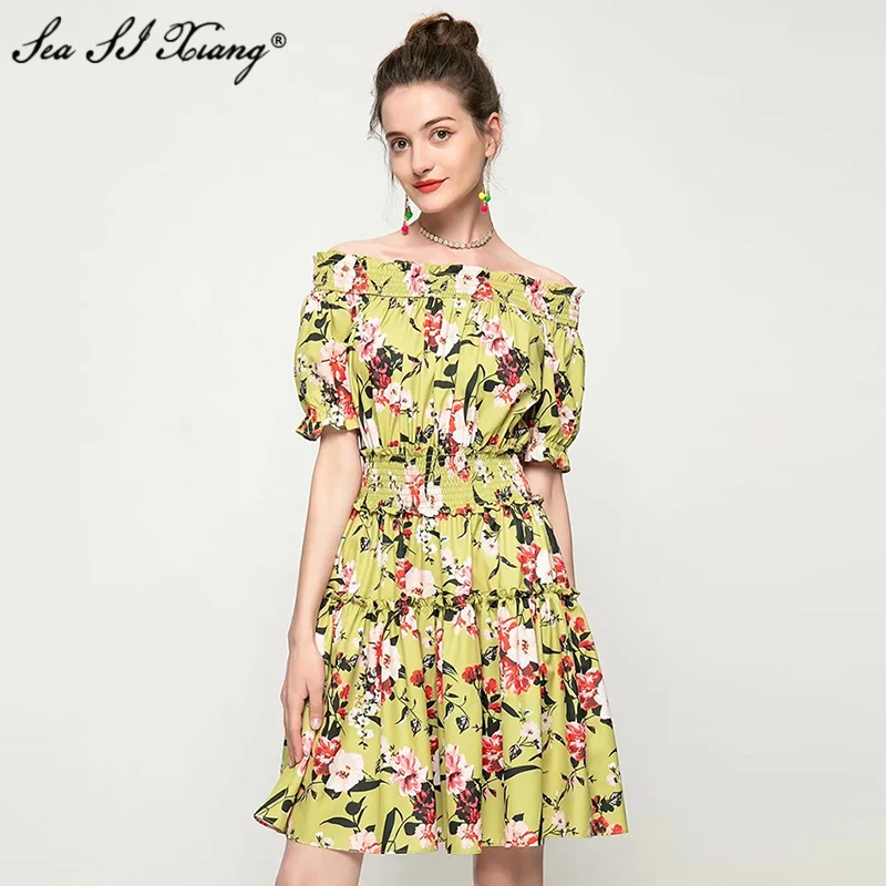 

Seasixiang Fashion Designer Summer Dress Women Sexy Off Shoulder Short sleeve Elastic Waist Vacation Floral Print Dresses