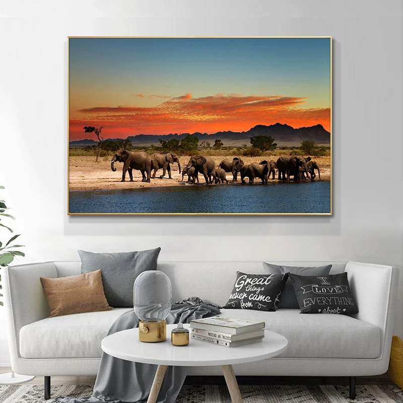 

African Grassland Elephant Oil Painting on Canvas Scandinavian Posters and Prints Cuadros Wall Art Pictures For Living Room