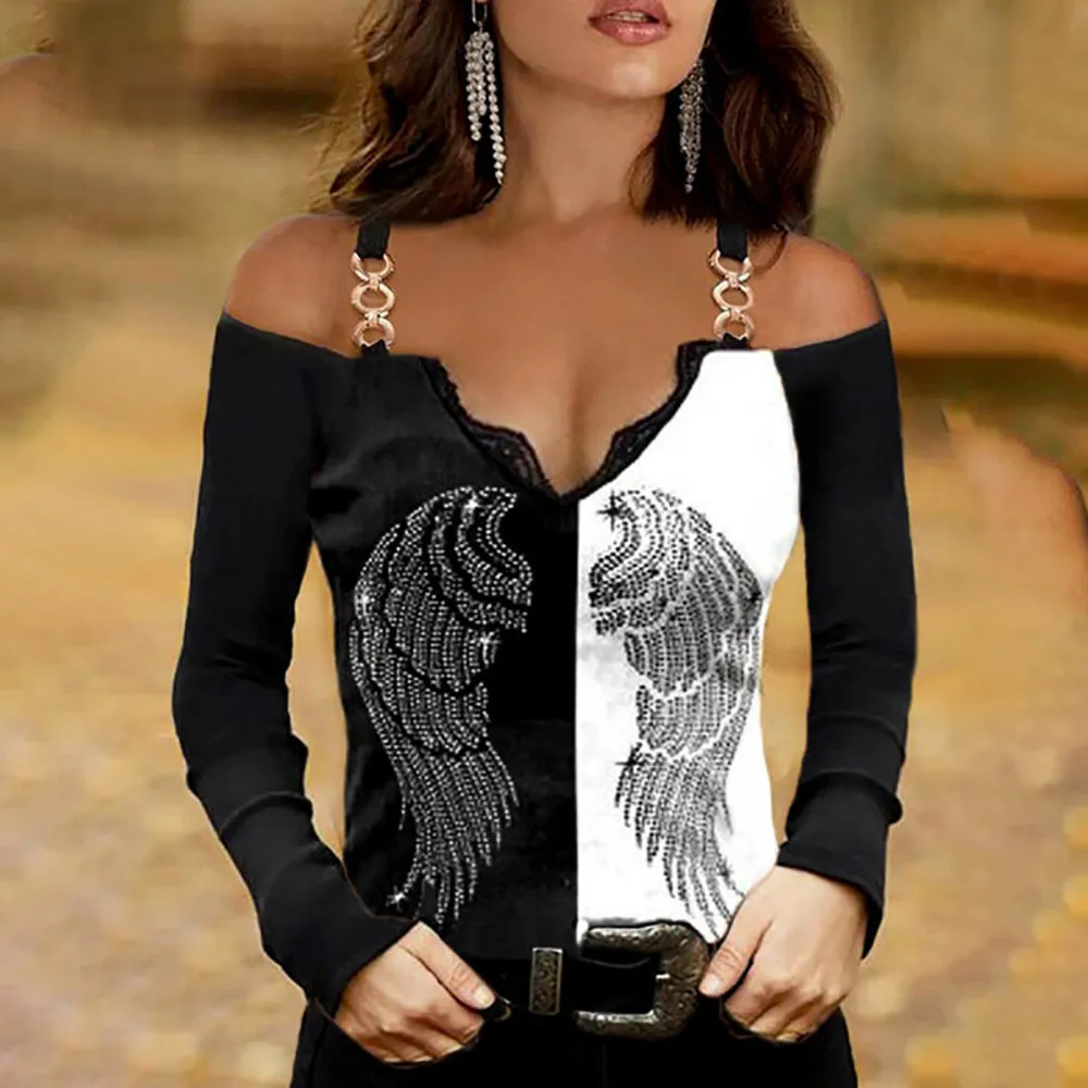 

Women Sexy V-Neck Lace T-Shirt Hot Drilling Off Shoulder Long Sleeved Casual Tops Fashion Spring&Autumn Femme Tee Female Blouse