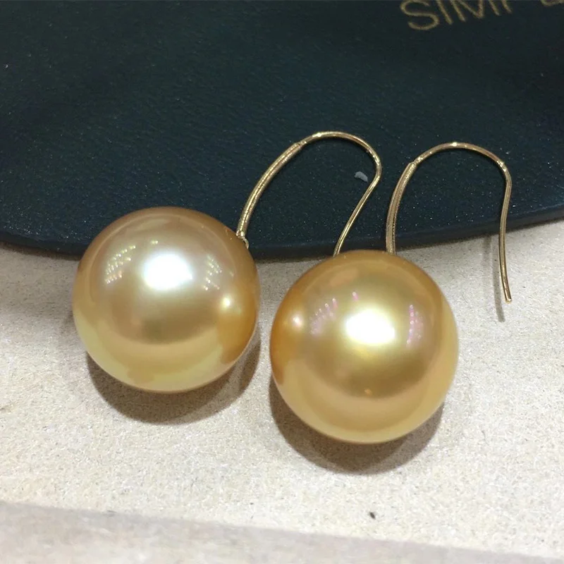 HENGSHENG 12-13mm Nearly Round Natural Ocean Golden Pearls Earrings Pure 18k Gold Drop Earrings Luxury Fine Jewelry For Women
