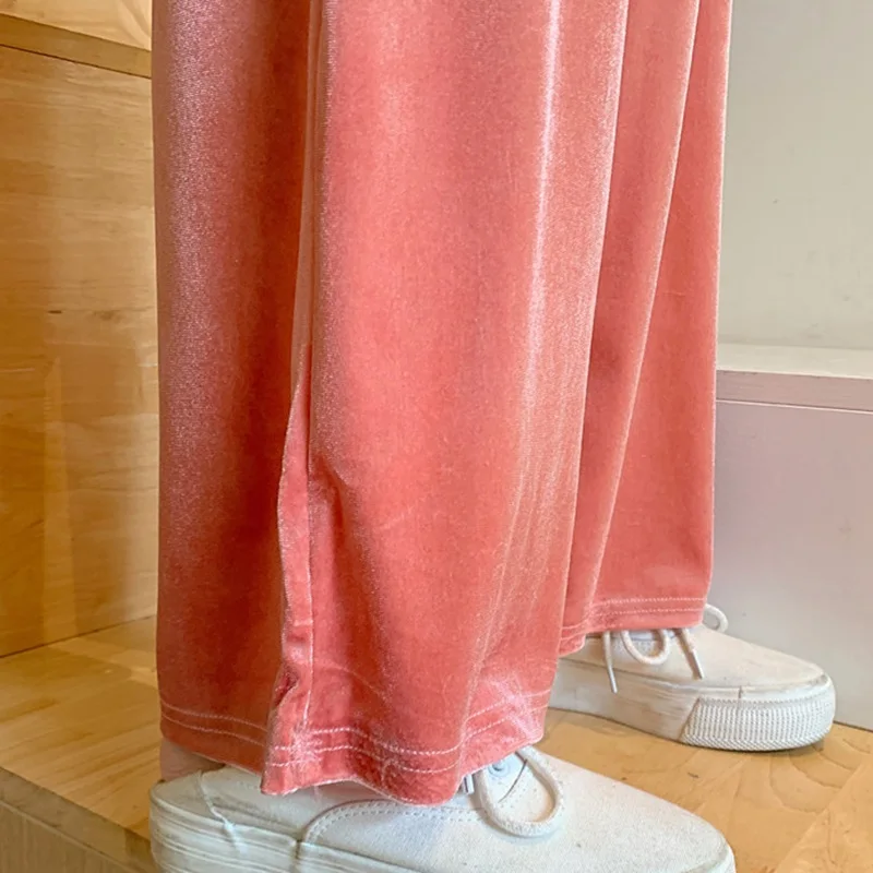 

Ladies Gold Velvet Solid Color Wide-Leg Pants Spring Autumn Korean Style Casual Loose Straight Wide-Leg Pants