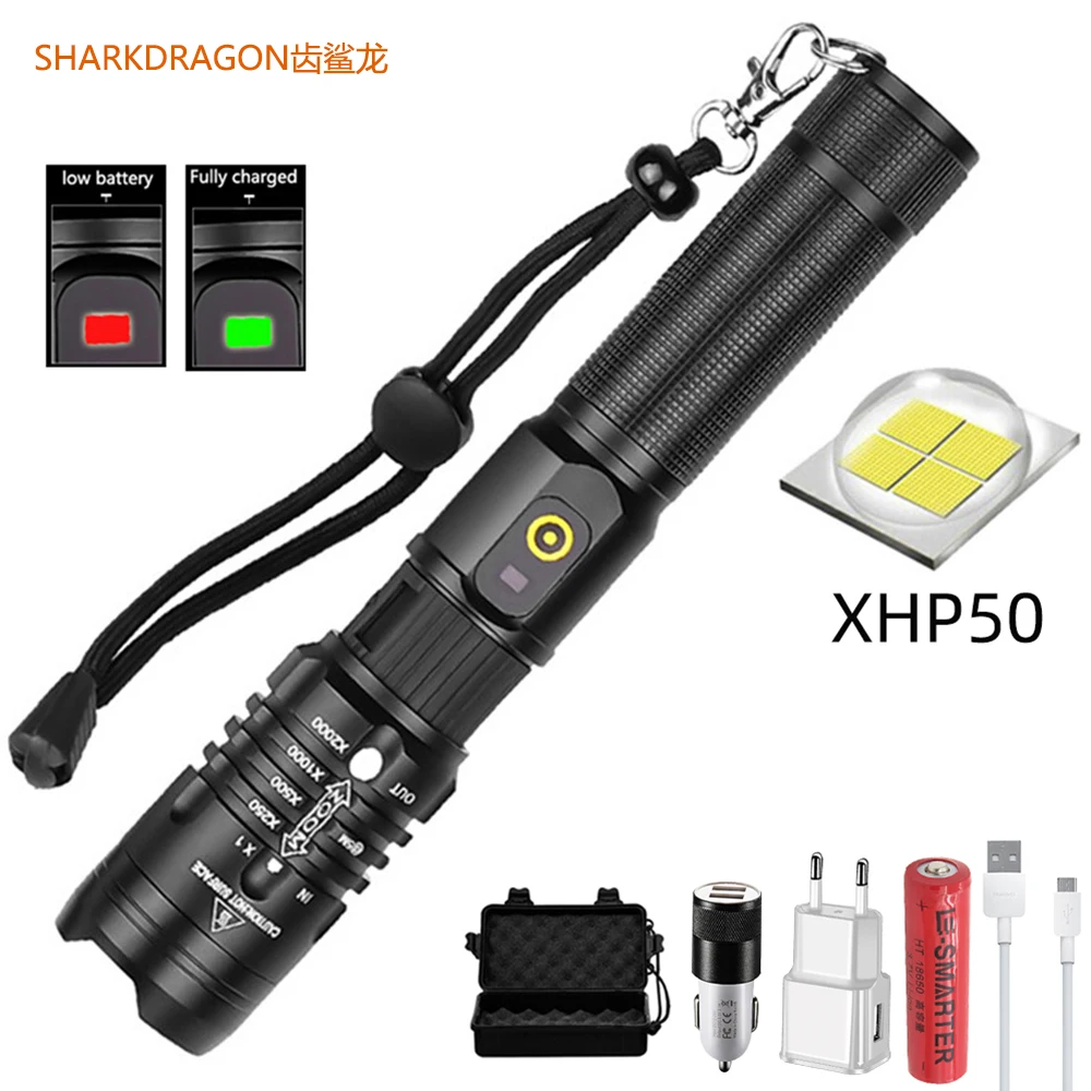 Мощный светодиодный фонарик 18650 лм перезаряжаемый от USB с аккумулятором XHP50.2