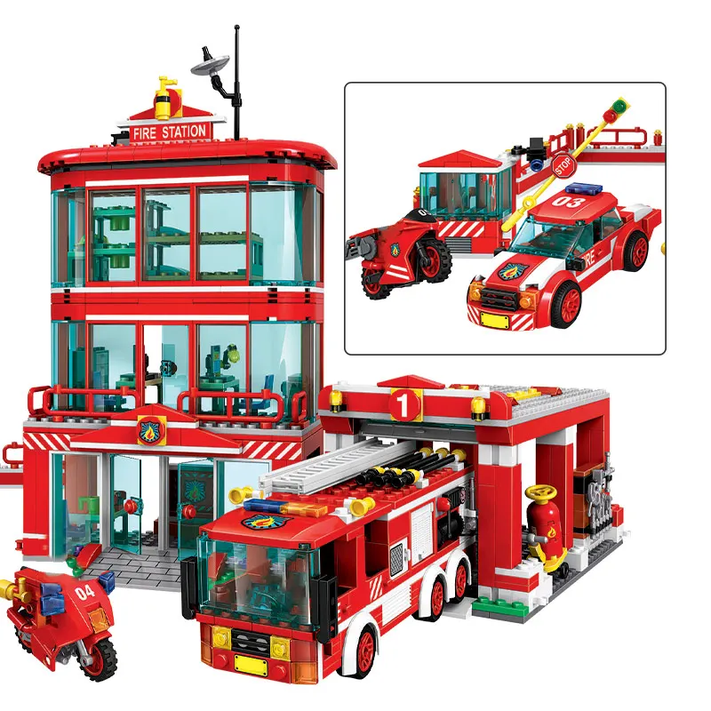 

969pcs Police Fire Station Assemble Model Building Blocks City Truck Car Helicopter Figures Brick Toys for Children Gift