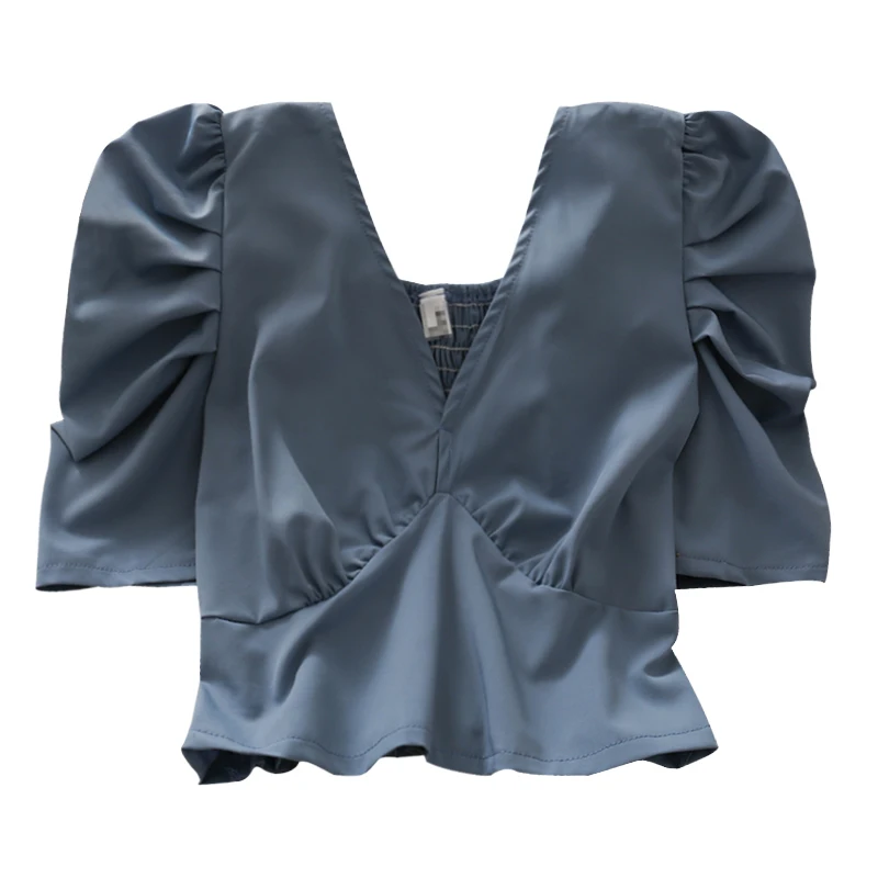 

Women Fashion Outdoor Casual V-neck Puff Sleeves Solid Pleated Blouse Ladies Sweet Top Girls Student Elegant Daily Basic Shirts