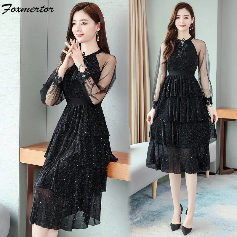 2021 осеннее платье в Корейском стиле элегантное Сетчатое платье-торт с вышивкой