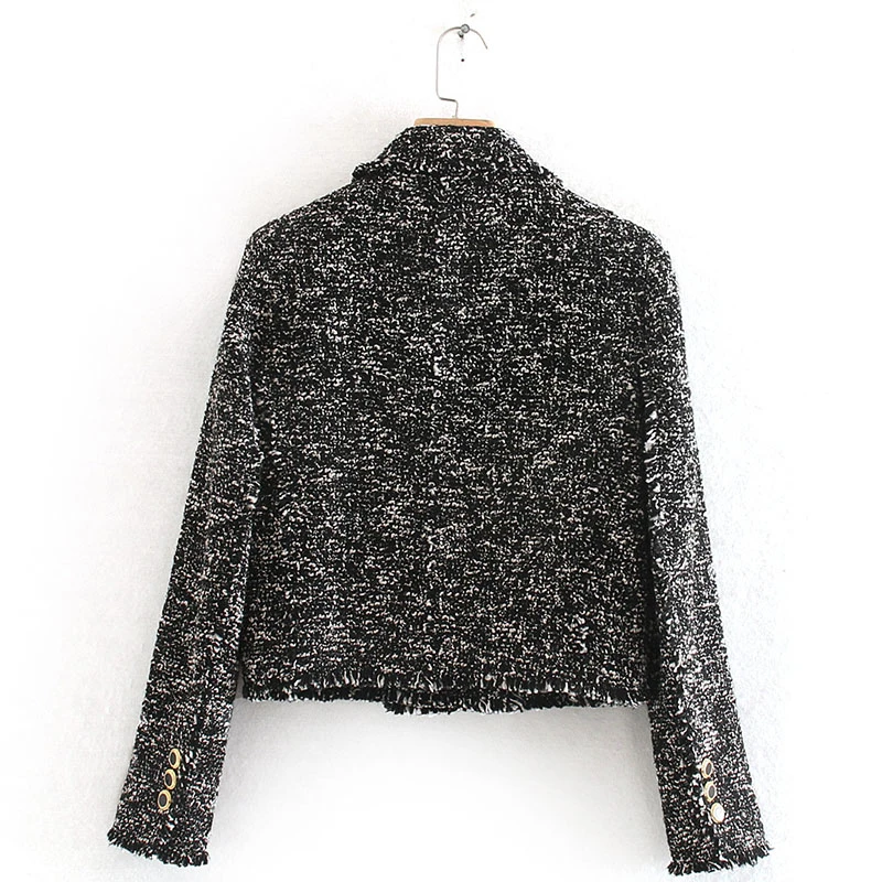 

Unua amo Frayed Blazer Women Short Tweed Jackets Coat 2021 Vintage Stylish Texture Double-breasted Office Lady Suit Blazers