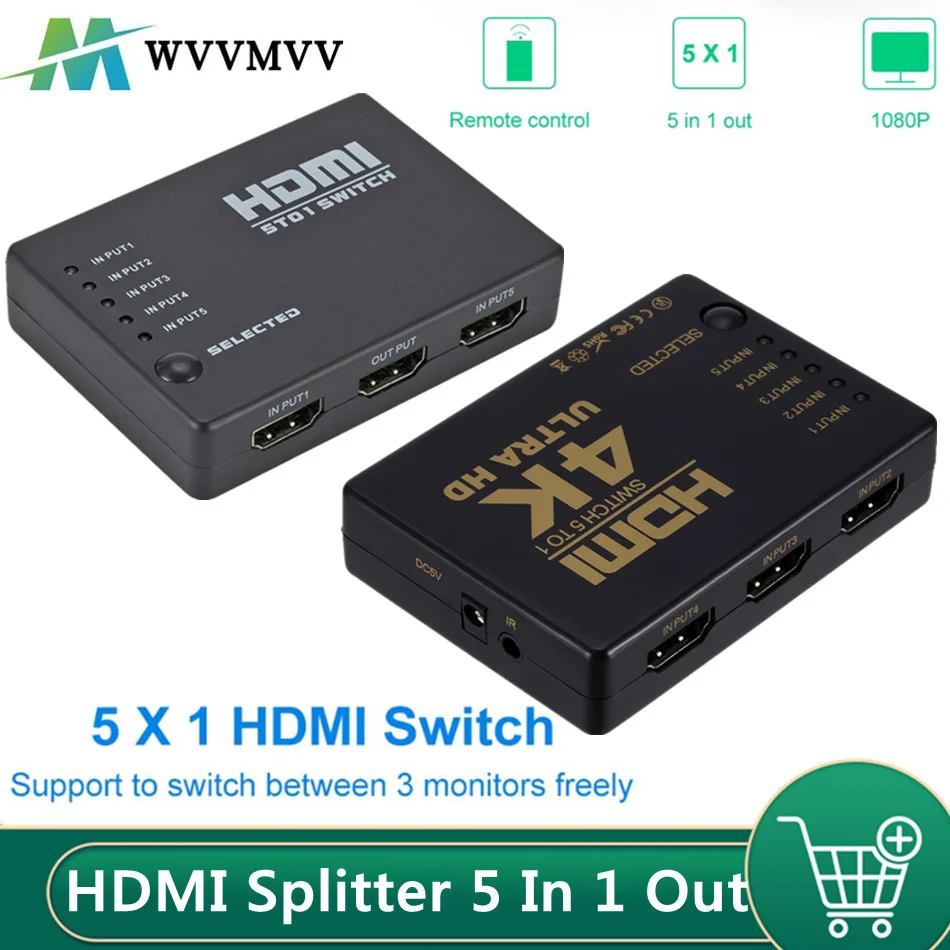 

HDMI Switch 5 In 1 Out HDMI Splitter 5x1 with IR Remote Control Supports 4K 3D HD1080P HDMI Switcher For Xbox PS4 Blu-Ray Player