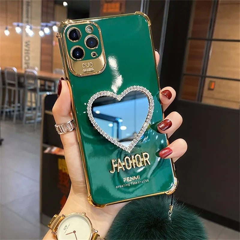 

Luxury Plating Love Heart Mirror Hairball Phone Case Fashion Glitter Soft Silicone Cover