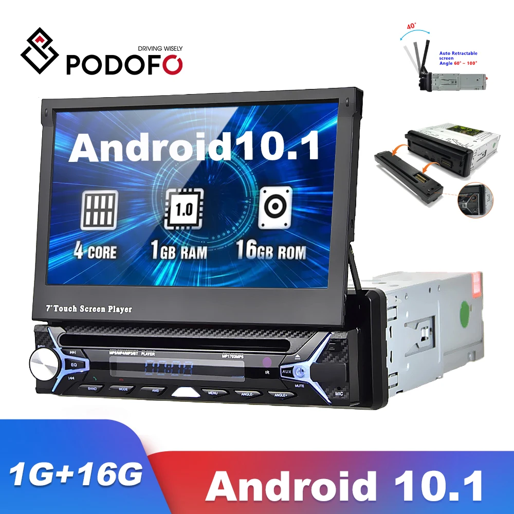 

Podofo Android 10.0 Car Radio Automatic Telescopic Multimedia player One Din Universal Car DVD Player GPS Navigation FM AM