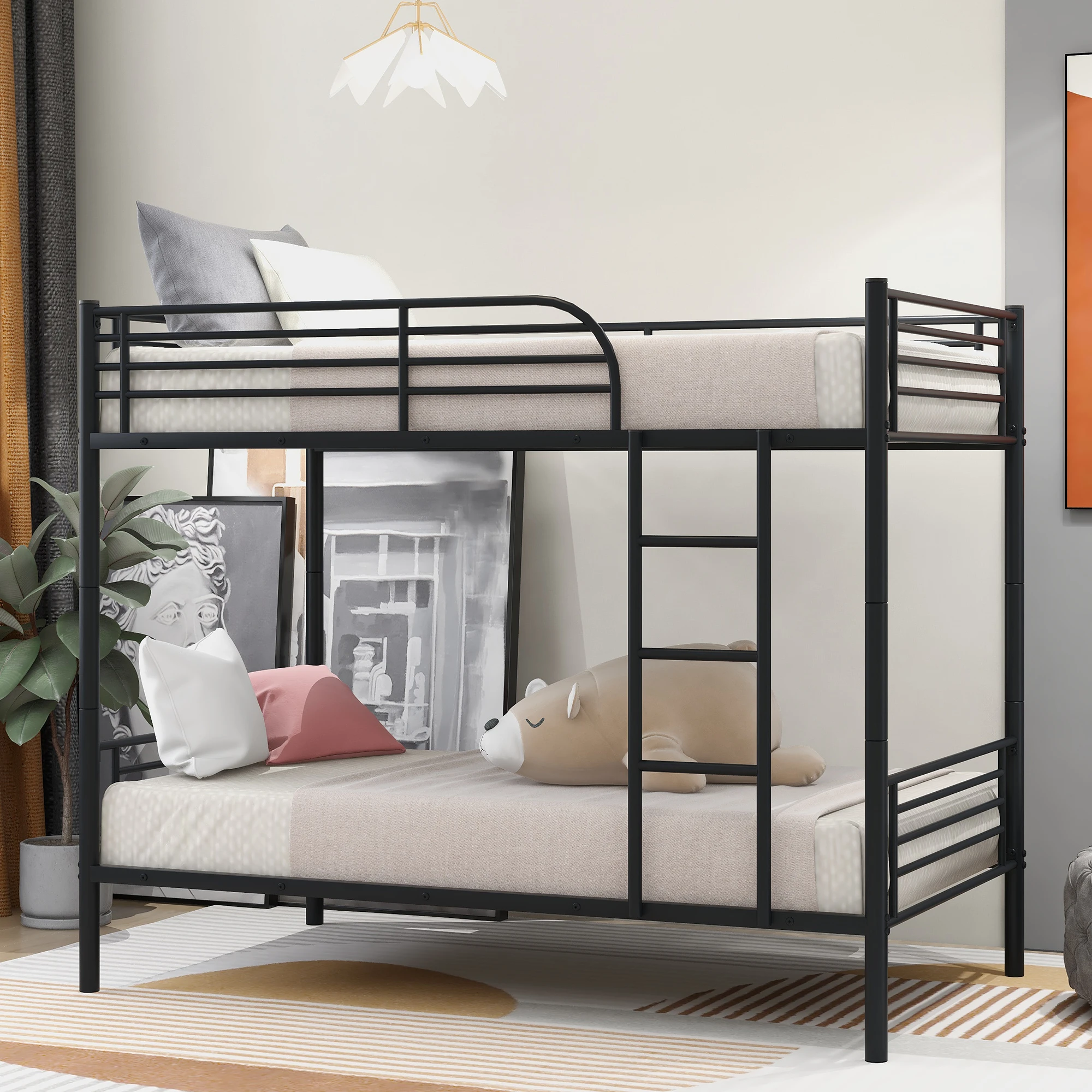 

Twin Over Twin Bunk Beds Metal Bed Frames Twin Size Platform Beds Mattress Foundations for Kids Teens Adults,Black/White/Silver