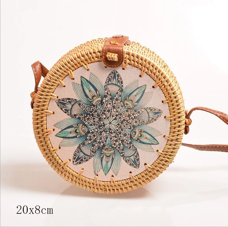 flower N 20X8cm Солнечный пляж, ручные тканые сумки, круглая сумка с пряжкой, Ротанговые соломенные сумки, ранец, богемная пляжная круглая сумка - Цвет: flower N 20X8cm