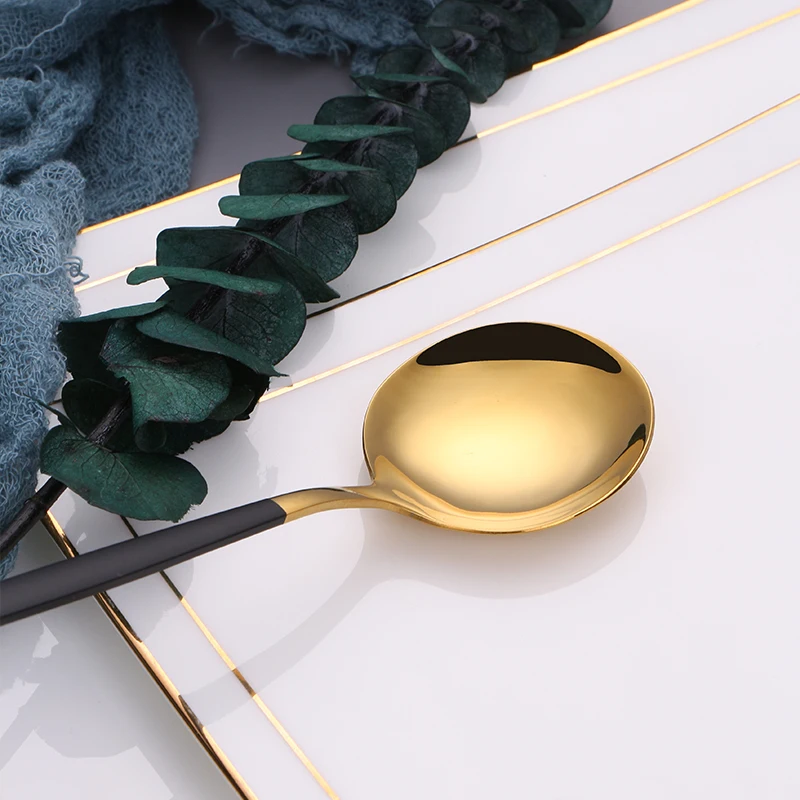 

Gold Dinnerware Set Black Stainless Steel Cutlery Set Kitchen Mirror Gold Cutlery Knife Fork Spoon Dinner Tableware Set 16Pcs