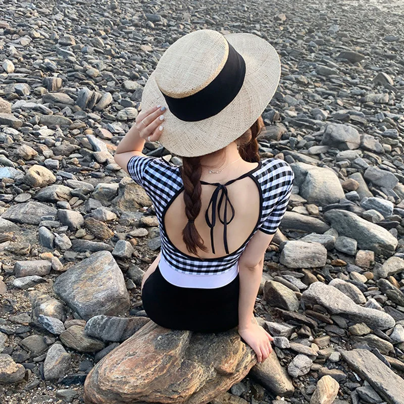 Корейский стиль Цельный купальник клетчатый пуш ап высокое качество купальный