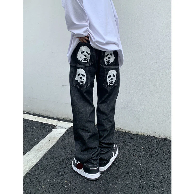 European and American high street hip-hop loose all kinds of printing straight wide leg jeans Y2K retro Harajuku jeans unisex
