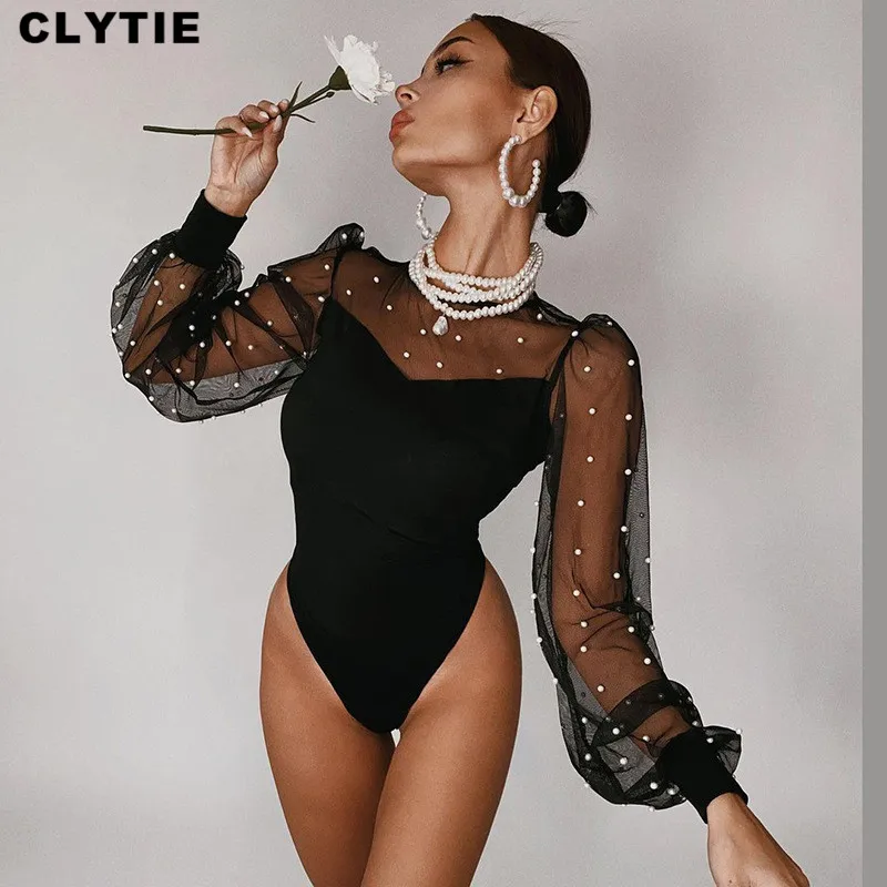 

Clytie See Through Sexy Mesh 2021 Bodysuit Women Spring Skinny Home Summer Female Night Club Ladies Black Party Beads Bodysuits
