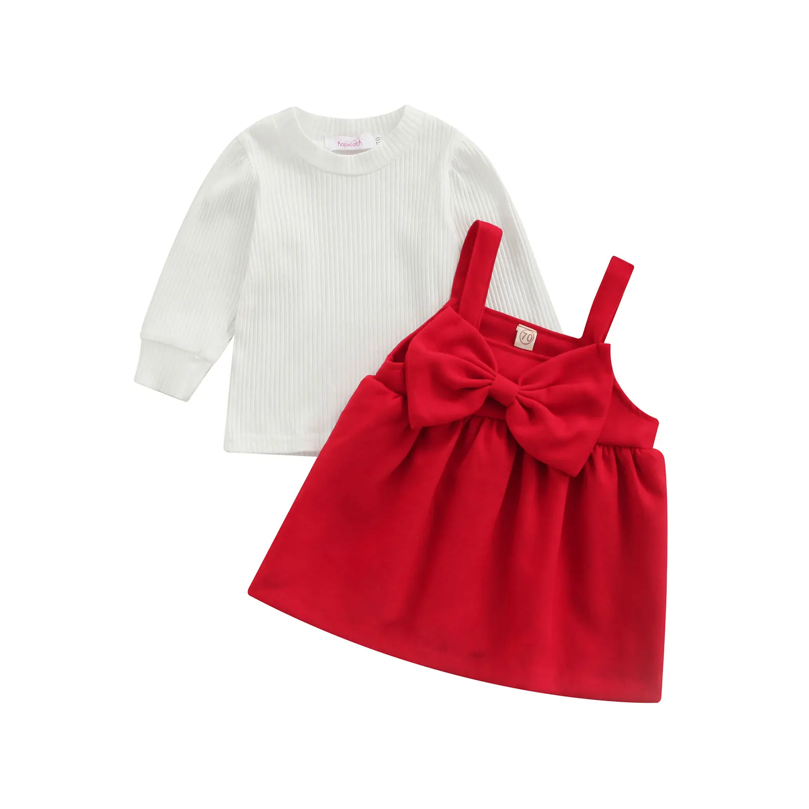 

Bmnmsl Baby Girls Two-piece Clothes Set White Round Collar Pullover and Red Square Collar Suspender Skirt, 3 Months-3 Years