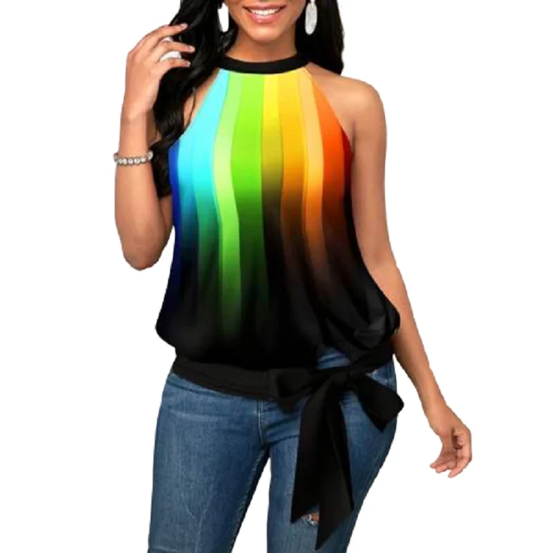 Женская футболка в радужную полоску без рукавов с цифровым 3D принтом и боковым