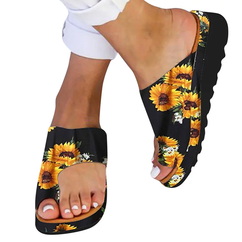 

Women PU Shoes Comfy Platform Flat Sole Ladies Casual Sunflower Soft Big Toe Foot Correction Sandals Female Slippers Loafers