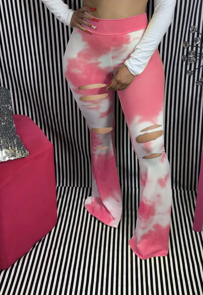 

RD Women Flare Pants Full Length Flared Pants Tie Dye Holes Bell Bottom Trousers Skinny Elastic Boot Cut Long Pants