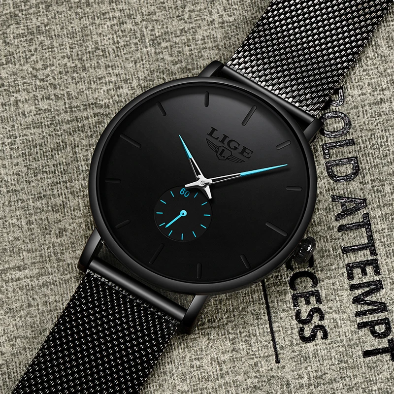 Часы lige мужские топ брендовые Роскошные модные ультратонкие сетчатые кварцевые