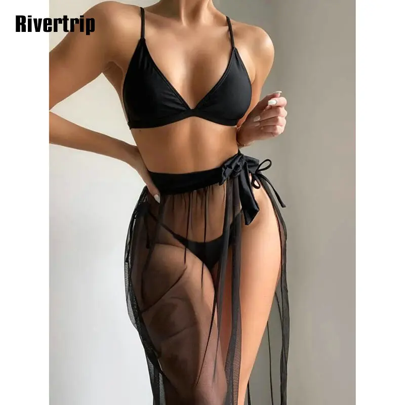 

Сетчатый комплект из 3 предметов Rivertrip, купальники, 2022, женские бикини, прозрачная пляжная юбка, сексуальный облегающий купальник, Элегантны...