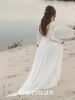 a line long sleeves v neck lace floor length garden outdoor backless wedding dress 2021