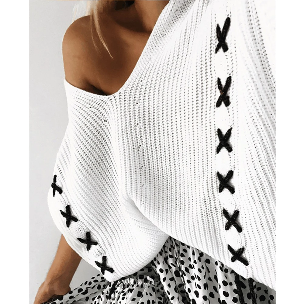 Jocoo Jolee Autumn Long Sleeve V Neck Sweater Sexy White Off Shoulder Lave Up Knitted Pullover High Street Tops Jumper 2019 | Женская