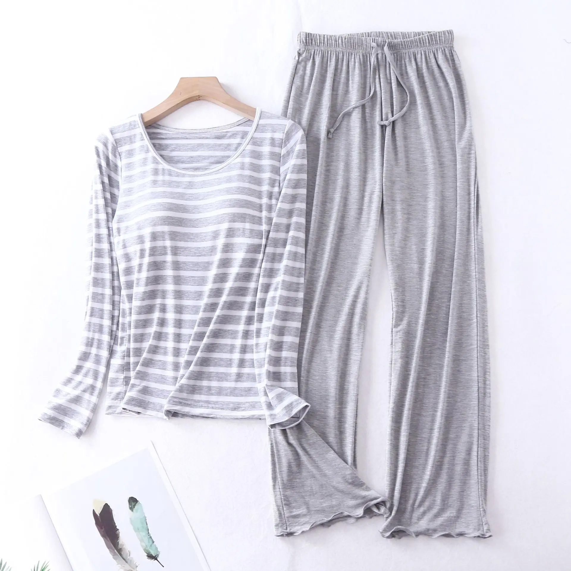 Pink/Gray Striped Pyjamas Women Autumn 2023 New Nighty Set Full Sleeve With Chest Pad Pijama Feninino Sleepwear Large XXL