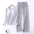 Розоваясерая полосатая Пижама для женщин, осень 2020, новый комплект ночного белья с длинным рукавом и нагрудным подкладом, пижама Feninino, одежда для сна, большой размер XXL