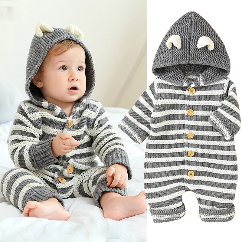 

0-2 years old newborn clothes autumn and winter baby striped hooded jumpsuit boys and girls knitted ears long-sleeved romper