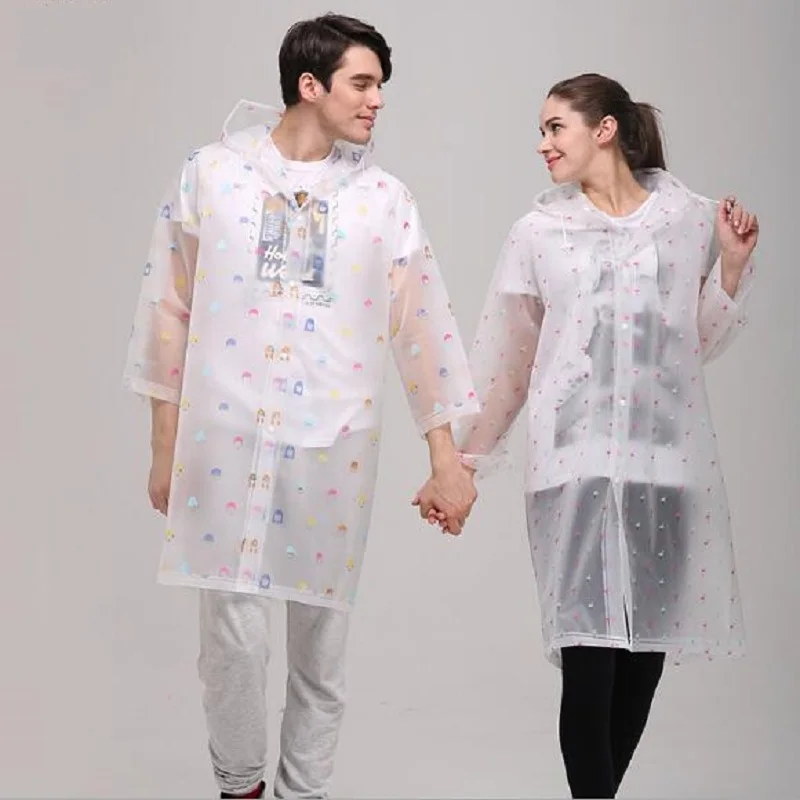 Женский длинный прозрачный дождевик водонепроницаемый с капюшоном из ЭВА