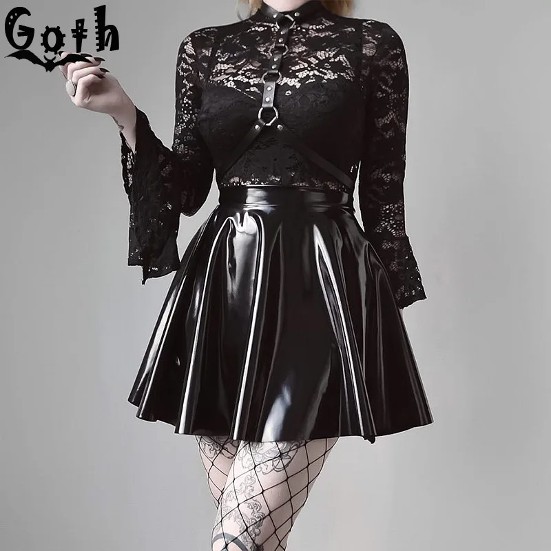 Женский готический костюм Goth черный кружевной боди с плиссированной юбкой