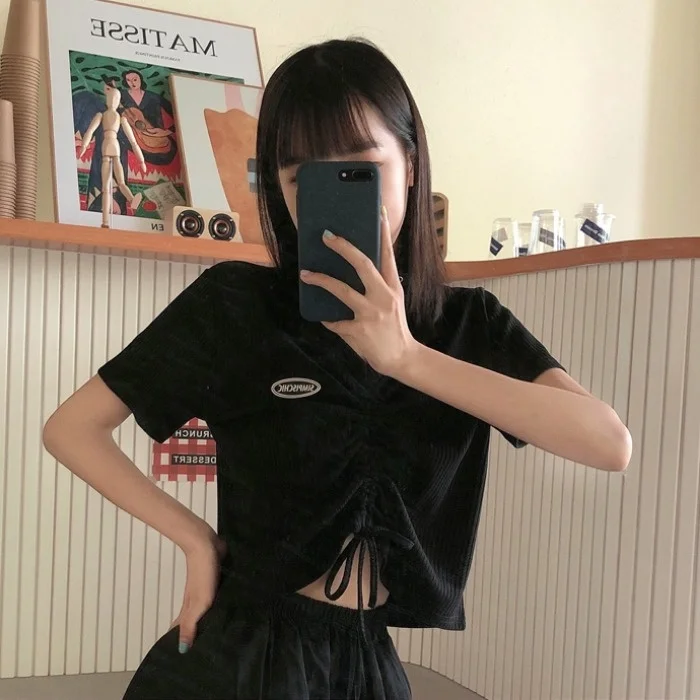 

Summer Black T-shirt V-neck Drawstring Short Open Navel Loose For Women
