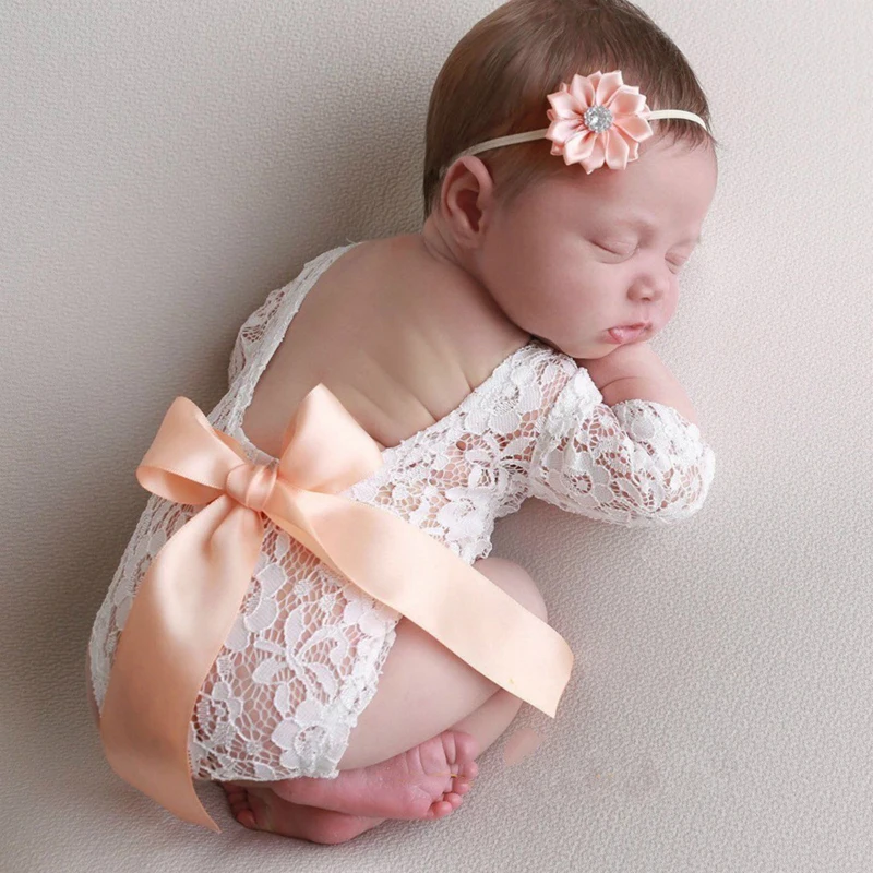 

Girl Rompers Newborn Baby Clothes Toddler Sleeve Solid Lace Design Romper Jumpsuit With One-Pieces Headband Baby Girl Costume
