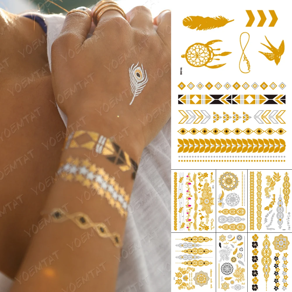

Waterproof Temporary Tattoo Sticker Metallic Gold Silver Bracelet Mandala Feather Swallow Flash Tatoo Henna Body Art Fake Tatto