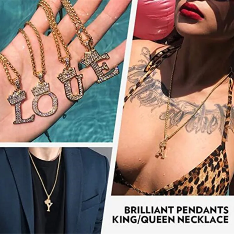 

С украшением в виде кристаллов Циркон Алфавит кулон ожерелья для женщин и мужчин в виде короны Начальная буква ожерелье в стиле хип-хоп ювел...