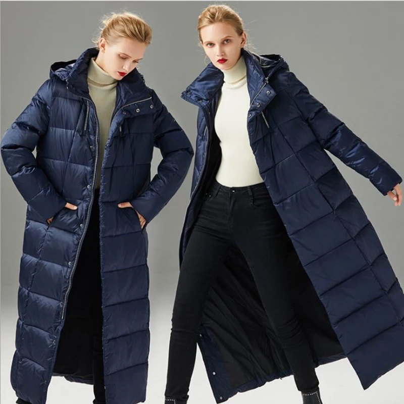 Новый стиль длинный пуховик женские толстые черные пальто выше колена с